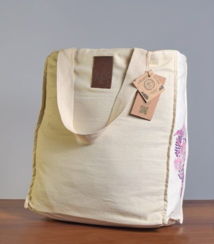 Side Design Hand Sozni Work Pure Cotton Tote Bag With Lining (Side Gusset)