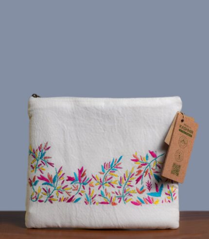 Hand Sozni Work Pure Cotton Multi-Purpose Pouch - With Lining (Floral Design)