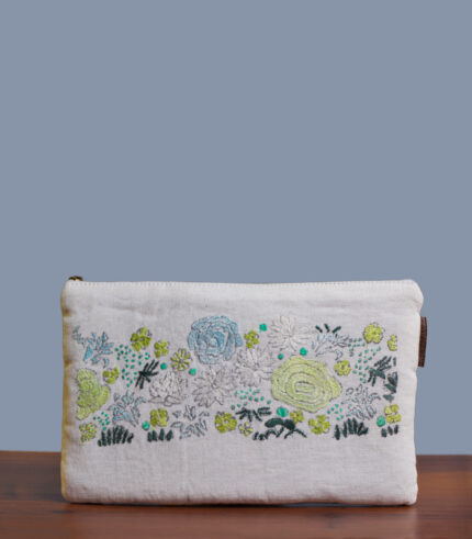 Hand sozni work Pure cotton make-up pouch with lining -Beige-Green 2