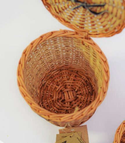 Willow Wicker Round storage box(set of 3) with lids, metallic and leather handles 2