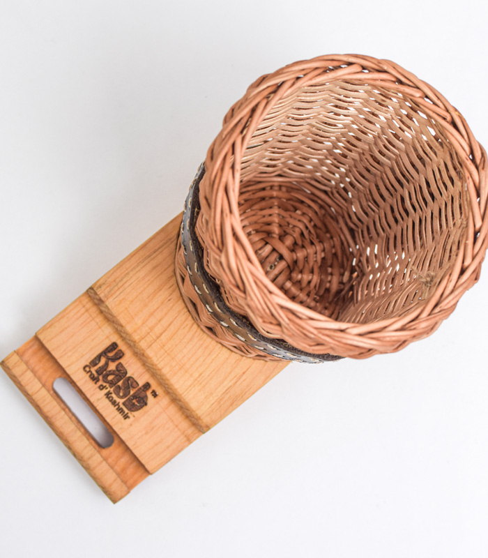 Deodar Wooden Mobile Stand With Willow Wicker Pen Holder (Waterproof Wood Product)