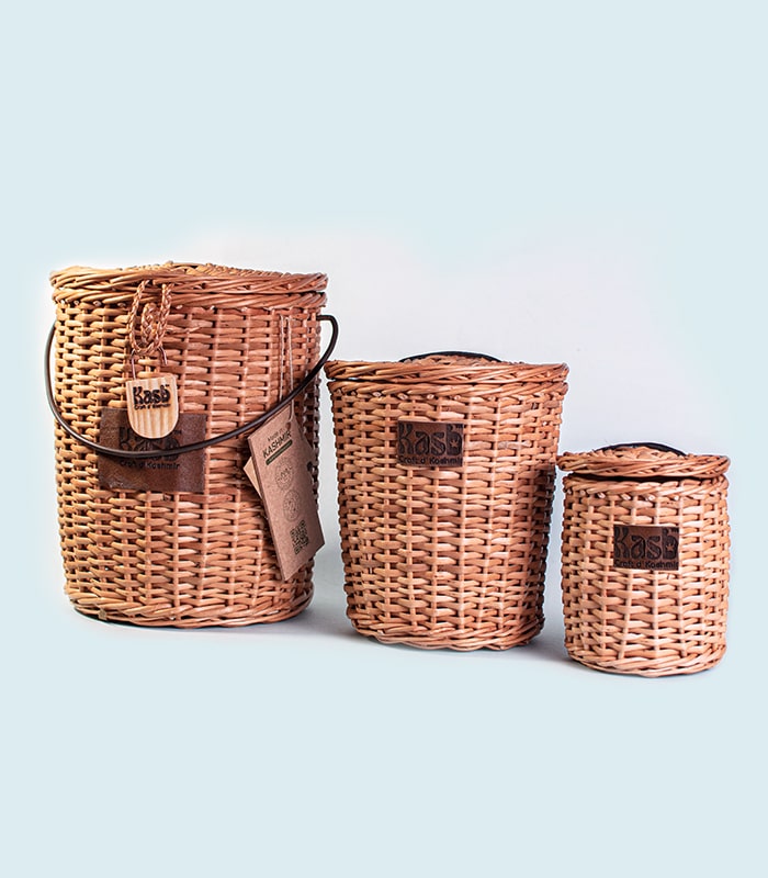 Willow Wicker Round storage box(set of 3) with lids, metallic and leather handles 4