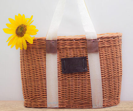 Willow Wicker Ladies Shoulder Bag - With White Cotton Strips and Lining