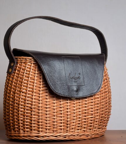 Hand-made Willow Wicker Ladies Fashion Bag - With Pure Leather Flap and Lining