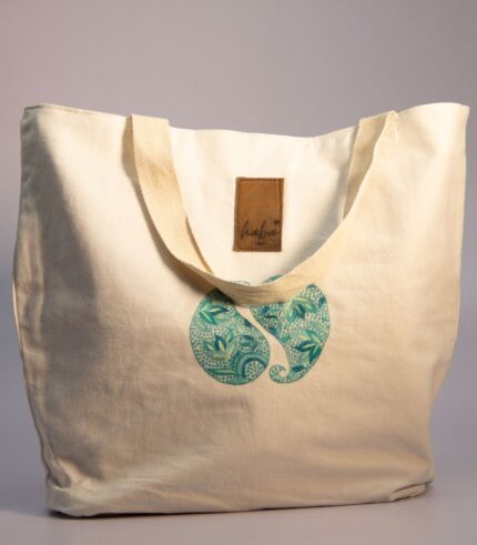 Hand Sozni Work Pure Cotton Tote Bag With Lining (Bottom Gusset) - Paisley Front Design