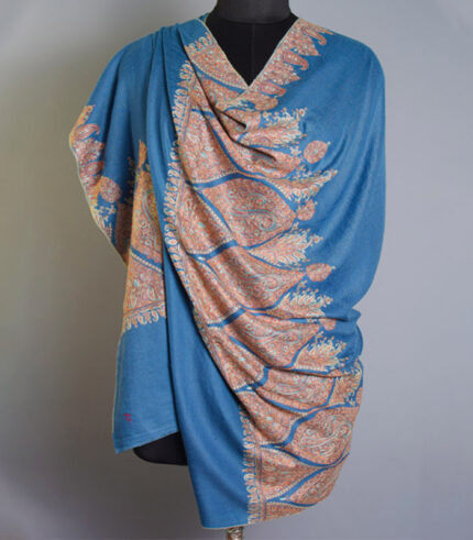 Blue Paladaar Hand Embroidered 100% Real Pashmina Shawl