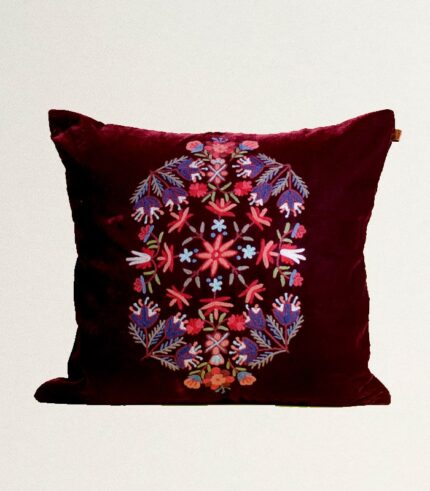 High-Quality Maroon Velvet Cushion Cover - With Multicolored Hand Ari Work and Velvet Back