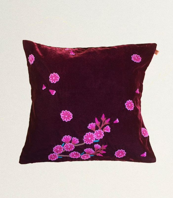 High-Quality Velvet Cushion Cover (Maroon-Pink) - With Hand Ari Work and Velvet Back