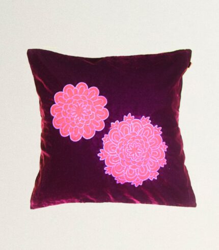 High-Quality Maroon Velvet Cushion Cover (Floral Design) - With Hand Ari Work and Velvet Back