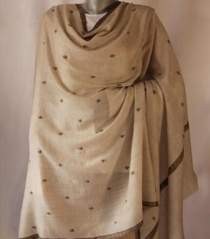 Light Khaki Bootidaar Hashidaar Hand Embroidered Real Kashmiri Pashmina Shawl