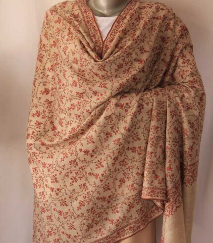 Natural-Cashmere Toned Jalidaar Hand Embroidered Kashmiri Real Pashmina Shawl