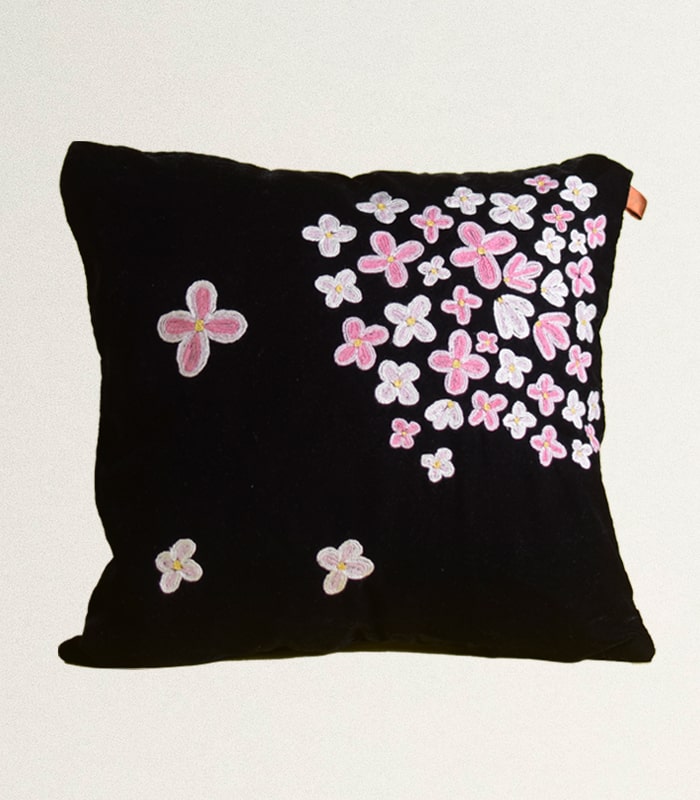 High-Quality Velvet Cushion Cover (Black-Pink) – With Hand Ari Work, Lining and Velvet Back