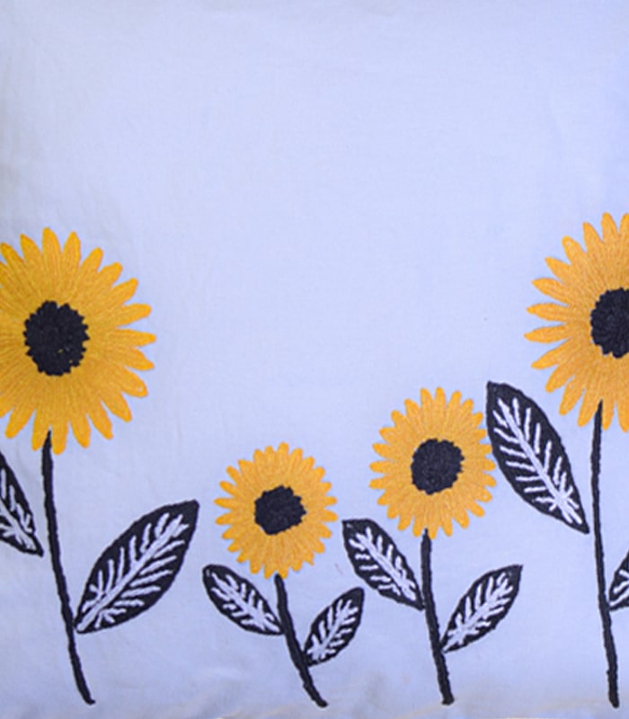 Pure Cotton Cushion Cover (White-Yellow)- With Hand Embroidery (Ari) and Lining 2