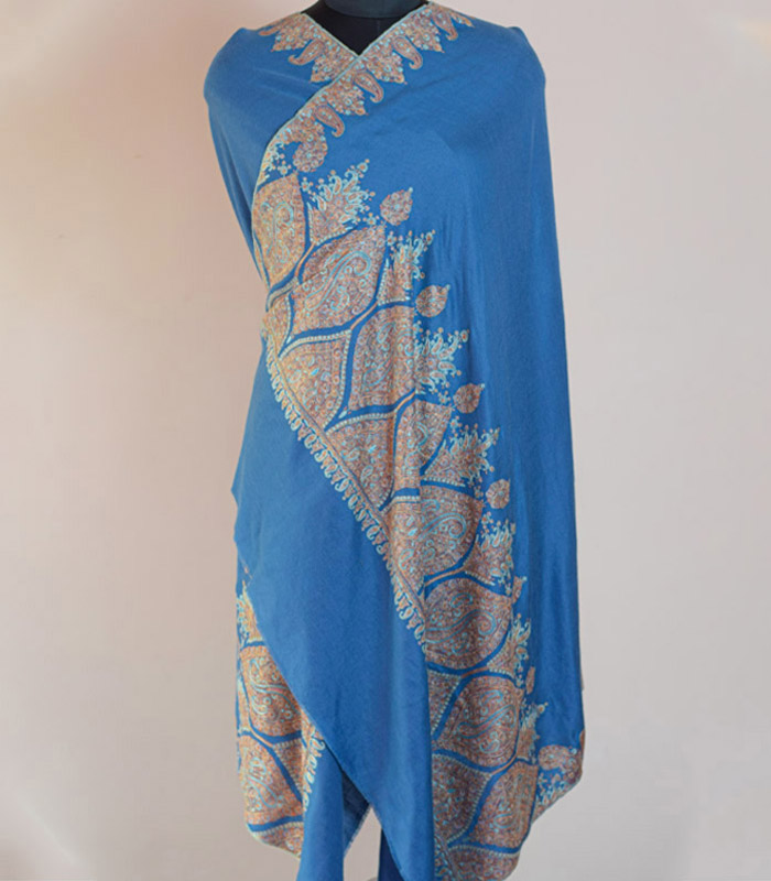Blue Paladaar Hand Embroidered 100% Real Pashmina Shawl