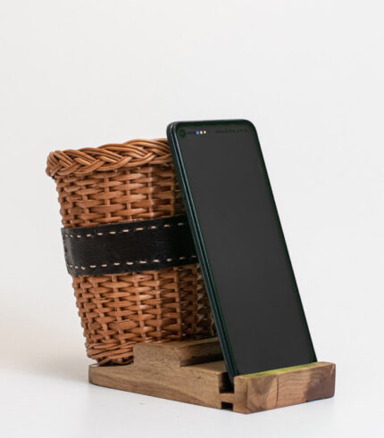 Walnut wood moble phone stand with willow wicker pen holder