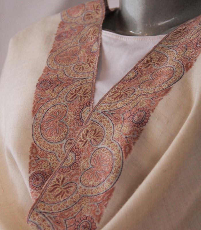 Cream Neemdor Hand Embroidered Kashmiri Pashmina Shawl 2