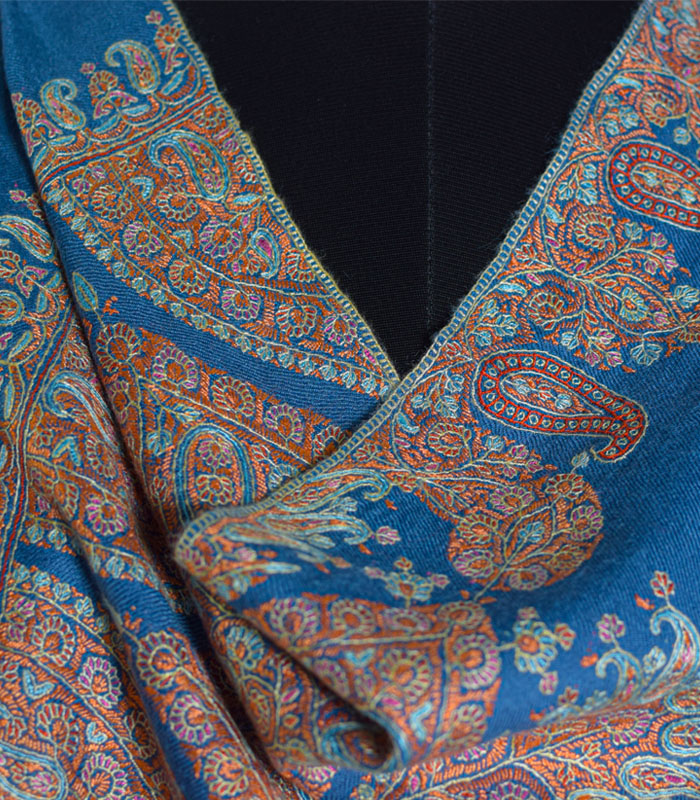 Blue Paladaar Hand Embroidered 100% Real Pashmina Shawl