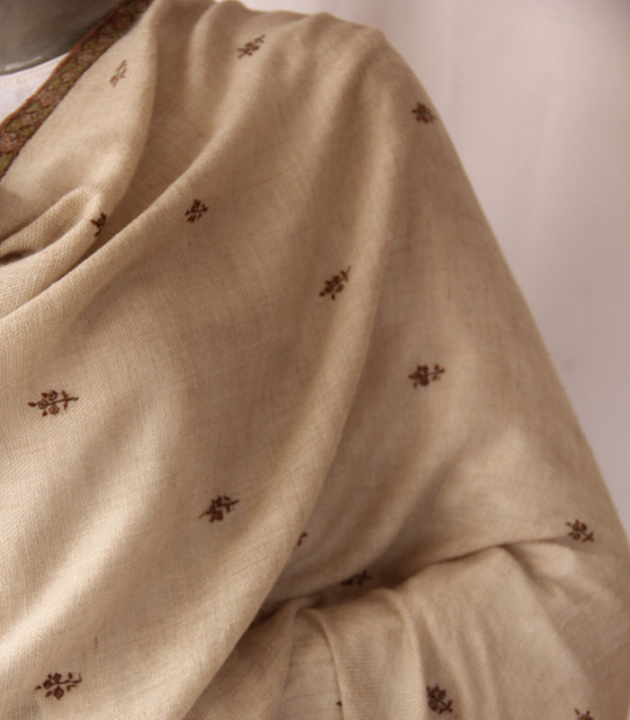 Light Khaki Bootidaar Hashidaar Hand Embroidered Real Kashmiri Pashmina Shawl