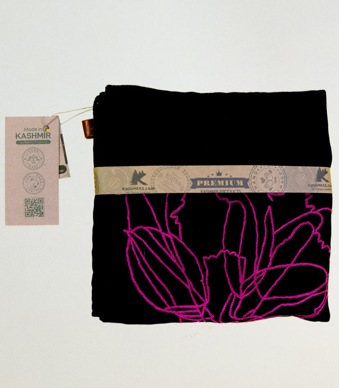 Pink Flower Outline High-Quality Black Velvet Cushion Cover - With Hand Ari Work, Lining, and Velvet Back 5