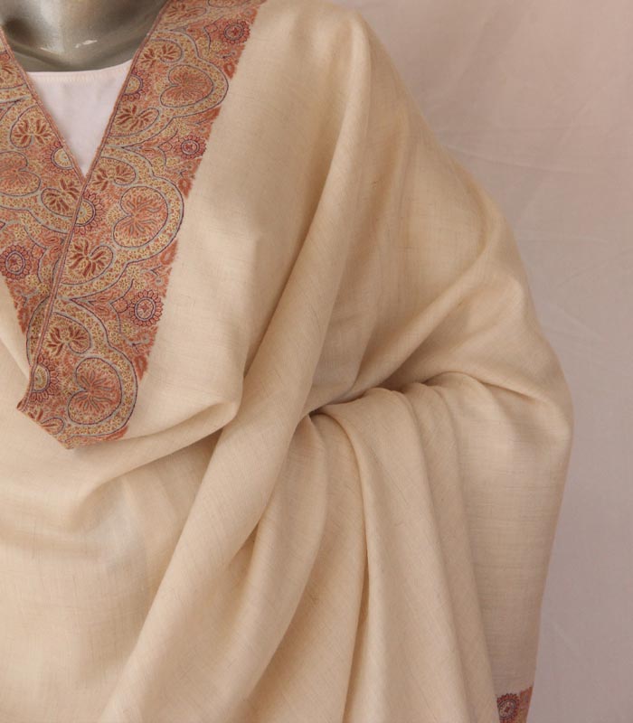 Cream Neemdor Hand Embroidered Kashmiri Pashmina Shawl 4