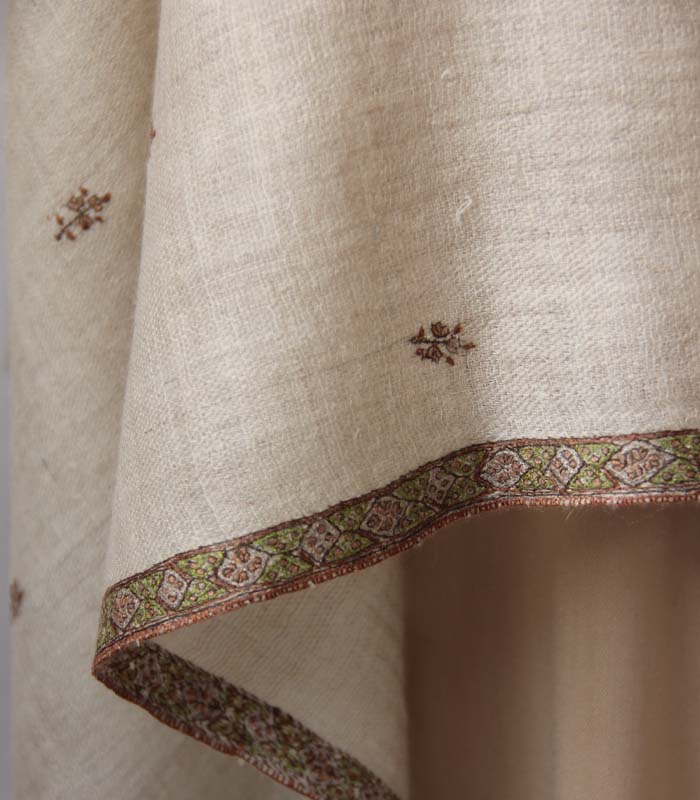 Light Khaki Bootidaar Hashidaar Hand Embroidered Real Kashmiri Pashmina Shawl
