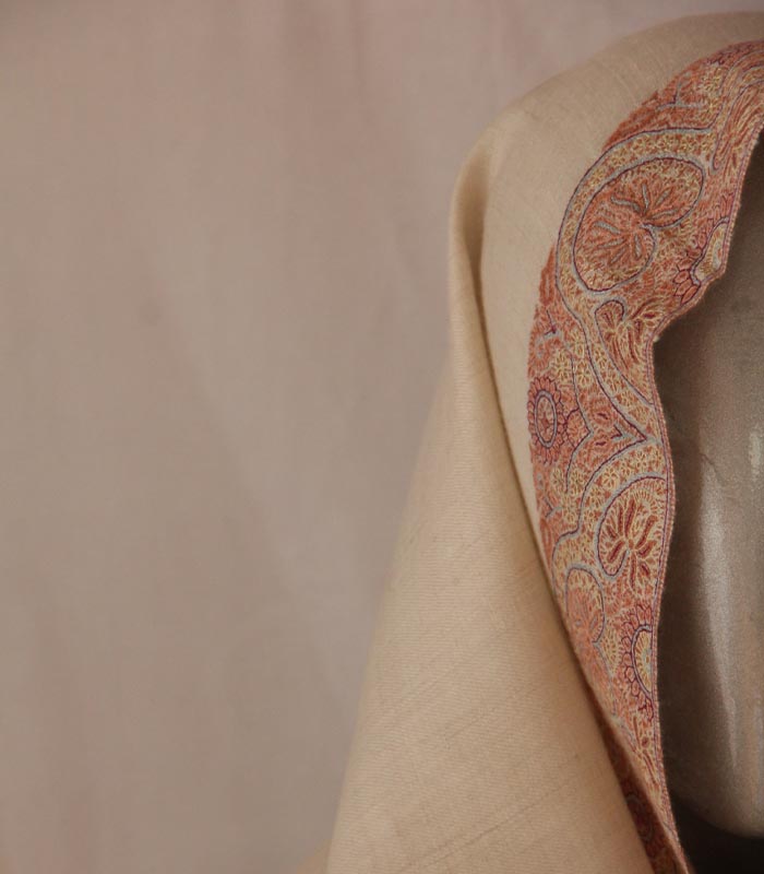 Cream Neemdor Hand Embroidered Kashmiri Pashmina Shawl