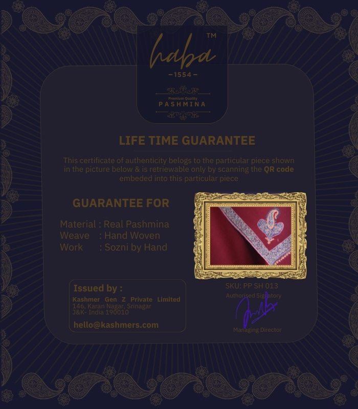 Life Time Guarantee for Authentic Kashmiri Pashmina Shawl