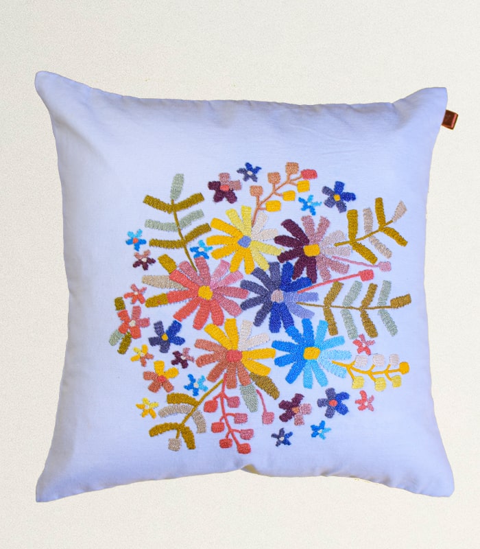 Pure Cotton White Cushion Cover - With Multicolored Hand Embroidery (Ari) and Lining