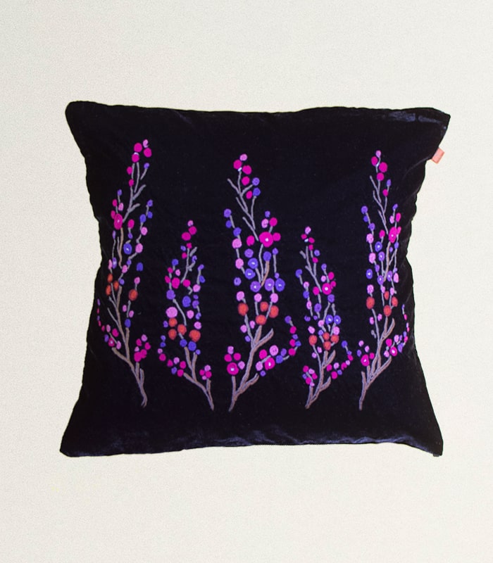 High-Quality Black Velvet Cushion Cover With Multicolored Hand Ari Work - With Lining and Velvet Back