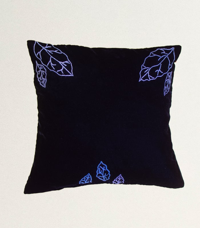 High-Quality Black Velvet Cushion Cover (Leaf Design)- With Hand Ari Work, Lining and Velvet Back