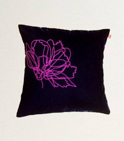 Pink Flower Outline High-Quality Black Velvet Cushion Cover - With Hand Ari Work, Lining, and Velvet Back
