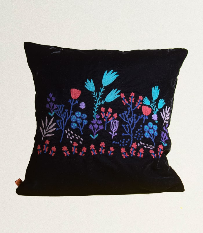 High-Quality Black Velvet Cushion Cover (Floral Design) - With Hand Ari Work, Lining and Velvet Back