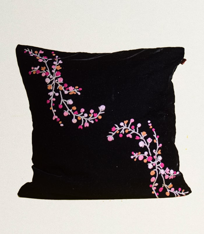 Hand Embroidered Velvet Cushion Cover (Black-Pink) - With Hand Ari Work, Lining, and Velvet Back