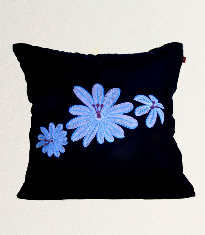 High Quality Velvet Cushion Cover (Black-Blue) - With Hand Ari Work, Lining, and Velvet Back