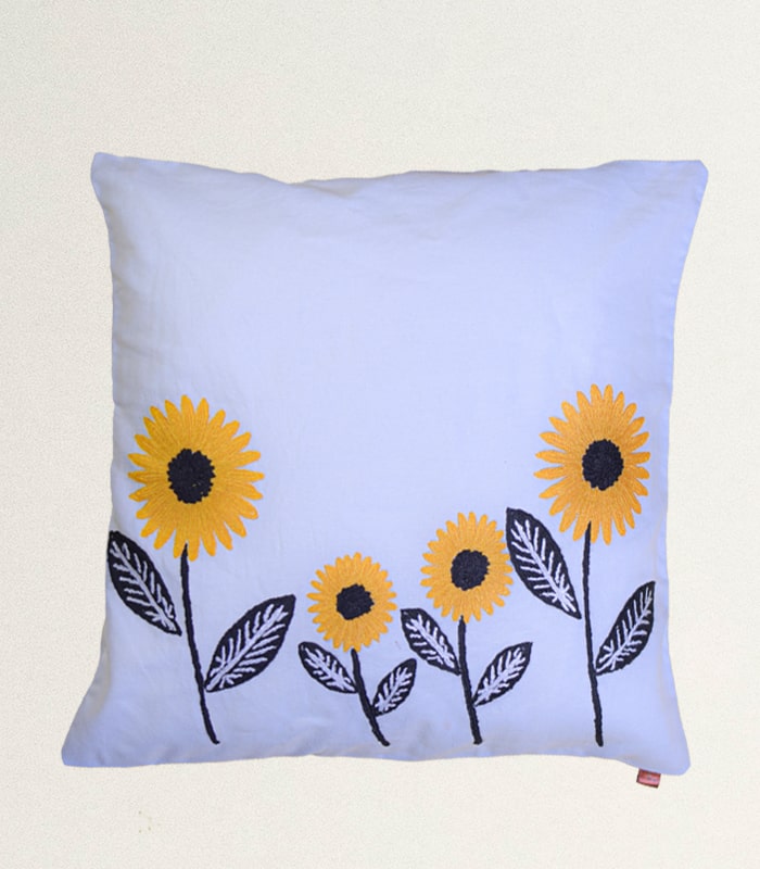 Pure Cotton Cushion Cover (White-Yellow)- With Hand Embroidery (Ari) and Lining