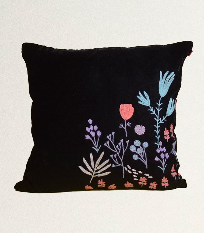 Multicolored High-Quality Black Velvet Cushion Cover - With Hand Ari Work, Lining and Velvet Back