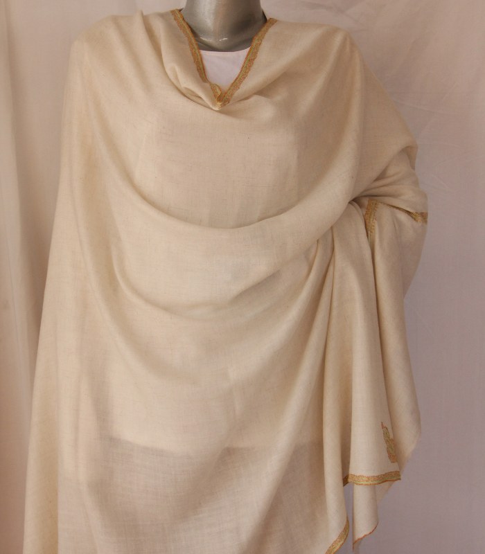 Cream Hashidaar Hand Embroidered Real Pashmina Shawl With Booti Work on Borders