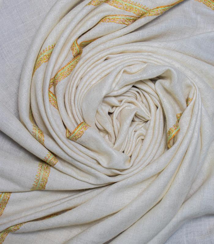 Cream Hashidaar Hand Embroidered Real Pashmina Shawl With Booti Work on Borders