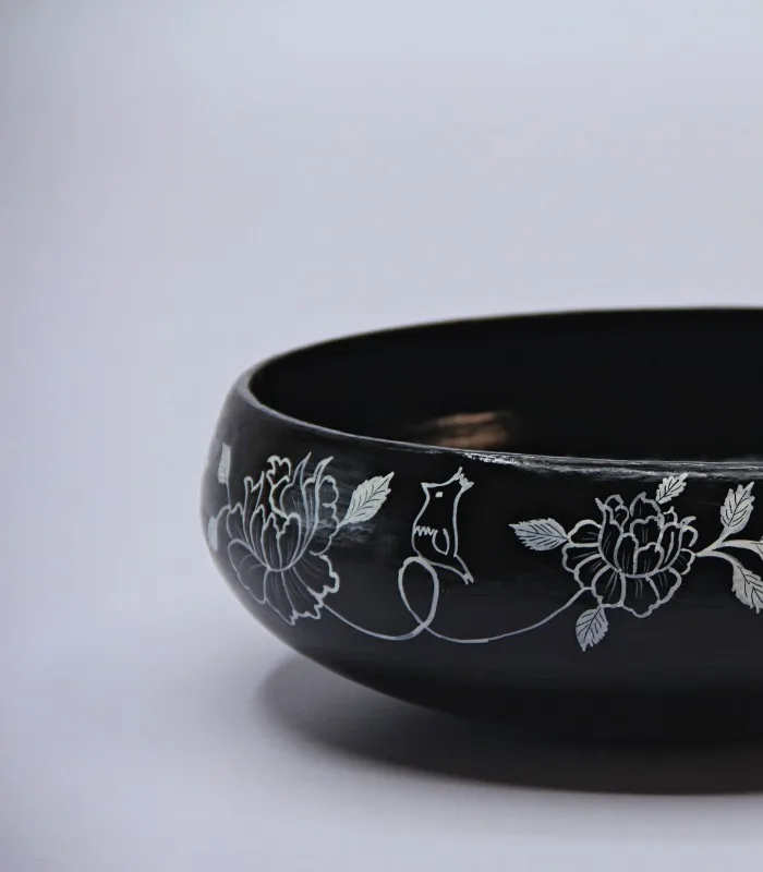 Paper Mache Round-Black and White Fine Floral Hand Painted Bowl