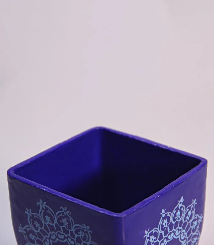 Paper Mache Square-Blue Motif Hand Painted Pot