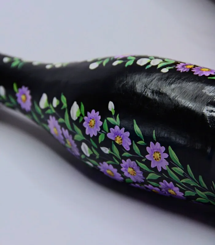 Paper Mache Black and Purple Floral Hand Painted Vase