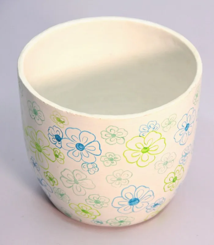 Paper Mache Round White Freehand Flower Hand Painted Pot