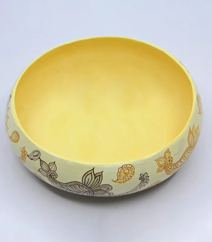 Paper Mache Round-Creamish Yellow Paisley Hand Painted Bowl