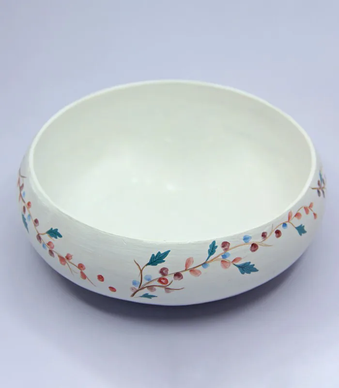 Paper Mache Round-White Minimal Floral Hand Painted Bowl