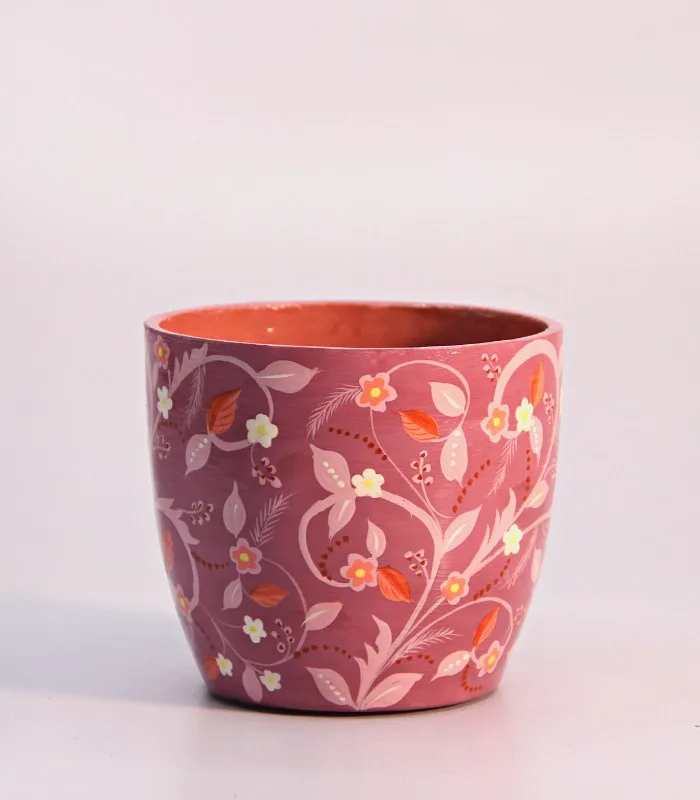 Paper Mache Round-Deep Nunchai Pink Hand Painted Pot