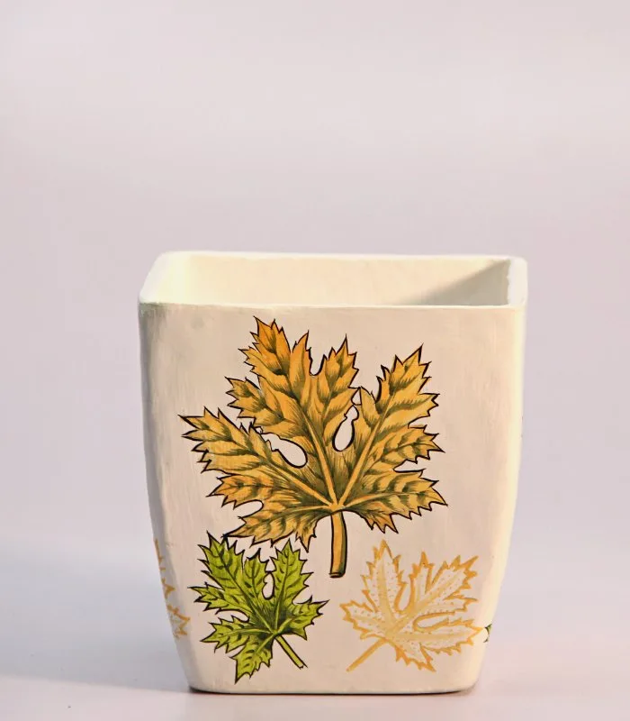 Paper Mache Square-White Hand Painted Chinar Leaves Pot