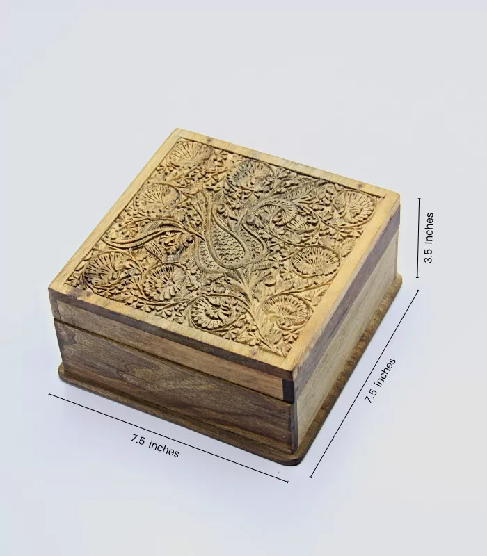 Real Walnut Wood Carved Boxes Floral Design- Set Of 5