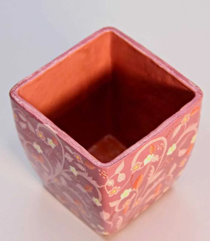 Paper Mache Square-Deep Nunchai Pink Hand Painted Pot
