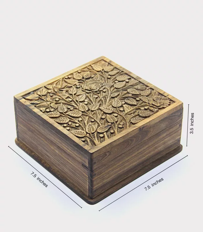 Real Walnut Wood Carved Boxes Chinar Design- Set Of 5