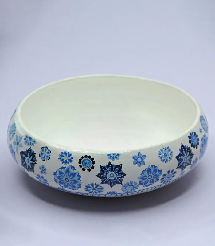 Paper Mache Round-White And Blue Hand Painted Bowl
